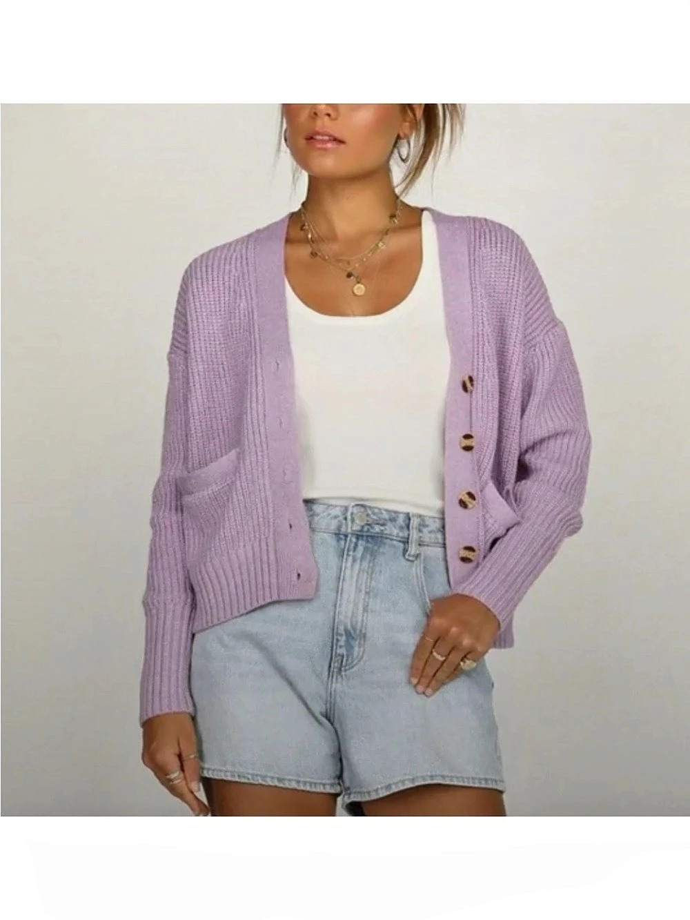 Madewell Ribbed Button Front cropped Cardigan sweater in Purple lavender  size S
